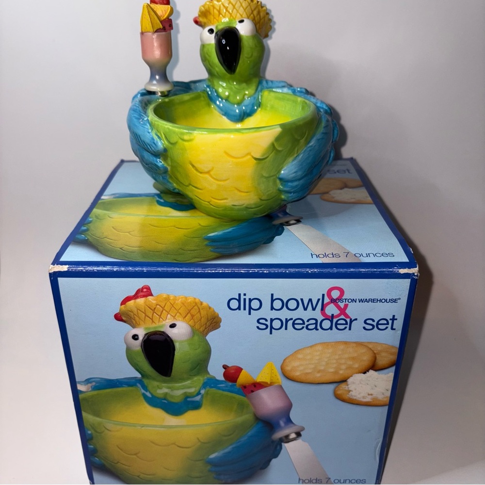 Parrot Dip Bowl & Spreader Set Holds 7 Oz. Boston Warehouse Novelty Kitchy Party